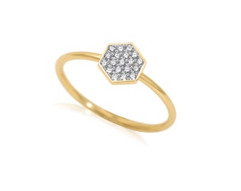 14k Gold Hexagon Diamond Ring: Micro Pave Honeycomb Design