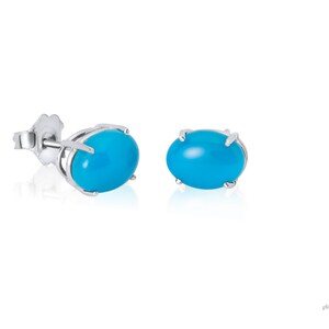 Turquoise Earrings Studs, Cabochon turquoise Jewelry 14k White gold 8x6 Oval Gemstone earrings image 3