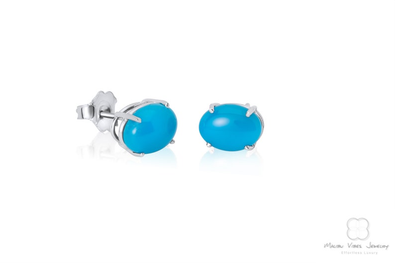 Turquoise Earrings Studs, Cabochon turquoise Jewelry 14k White gold 8x6 Oval Gemstone earrings image 3