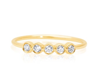 14k Gold Diamond Bezel Set Band: Thin 5 Stone Ring