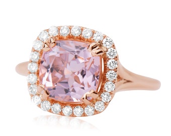 Morganite Engagement Ring, 14k Rose Gold Diamond Cushion Cut Pink Morganite Wedding Ring