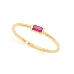 Stackable Ruby Baguette Ring, 14k Gold July Birthstone Ring, Ruby Gemstone Solitaire Ring