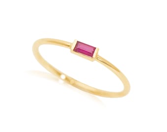 Stackable Ruby Baguette Ring, 14k Gold July Birthstone Ring, Ruby Gemstone Solitaire Ring