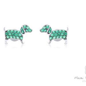 Sterling Silver Dog Earrings stud post green crystal Pet Jewelry animal earrings