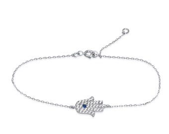 Sterling Silver Hamsa Bracelet: CZ Evil Eye Charm, Hand Protection