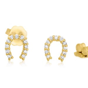 Mini Diamond Horseshoe Stud  Earrings, 14k Gold Lucky HorseShoe Charm Earrings with Diamonds,  Mini Horseshoe Earrings