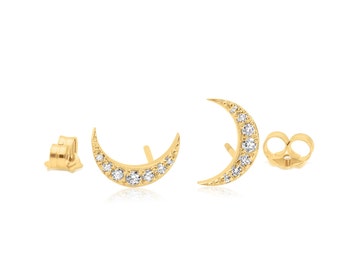 Diamond moon Earrings, 14k Gold Crescent Moon Studs, Dainty Celestial Jewelry