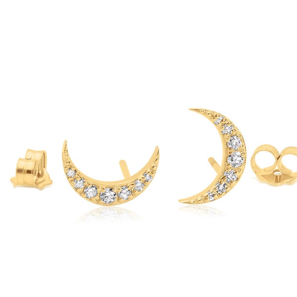 Diamond moon Earrings, 14k Gold Crescent Moon Studs, Dainty Celestial Jewelry