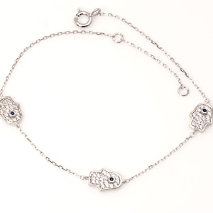 Hamsa Bracelet Eye Protection 925 Sterling Silver Hand of Fatima Charm Bracelet CZ SAPPHIRE stones