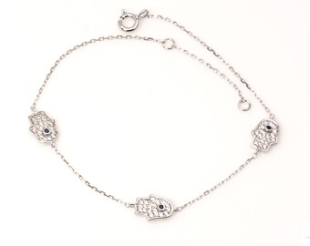 Hamsa Bracelet: Sterling Silver Hand of Fatima Charm with CZ Sapphire
