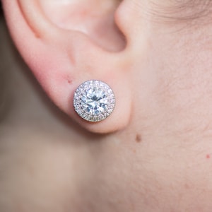 Silver Stud Earrings Sterling CZ Micro Pave Halo Stud Earrings with 1 ct center stone, Bridesmaid diamond Stud Earrings wedding gift for her