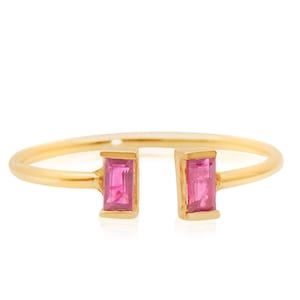 14k Ruby Gemstone Open Ring, Double Baguette Ruby Ring, Dainty Stacking Ring, Minimalist Stackable Ring