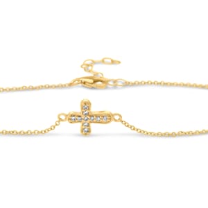 Pulsera de cruz de diamantes de 14 k, pulsera de abalorio de cruz lateral horizontal de oro, regalo de cumpleaños de joyería religiosa para ella