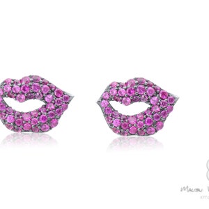 Pink LIPS Earrings, Dainty Sterling Silver Purple Kiss Earrings Studs Violet Lip jewelry CZ