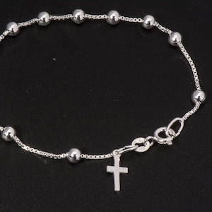 Elegant Catholic Rosary Bracelet in Sterling Silver with Cross Charm - Perfect Baptism Gift for Her