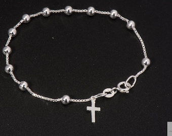 Sterling Silver Rosary Bracelet with Cross Charm: Baptism Gift