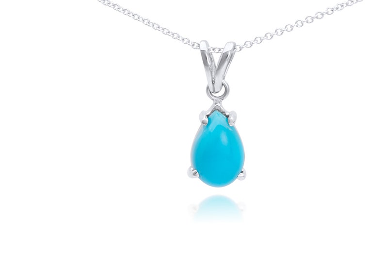 TURQUOISE Necklace, 14k White Gold Setting and Chain, Cabochon Pear Shaped Natural Turquoise Pendant image 1