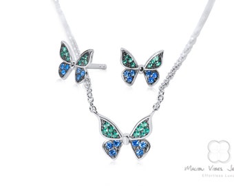 Butterfly Necklace Sterling Silver monarch butterfly  blue and green cubic butterfly charm pendant