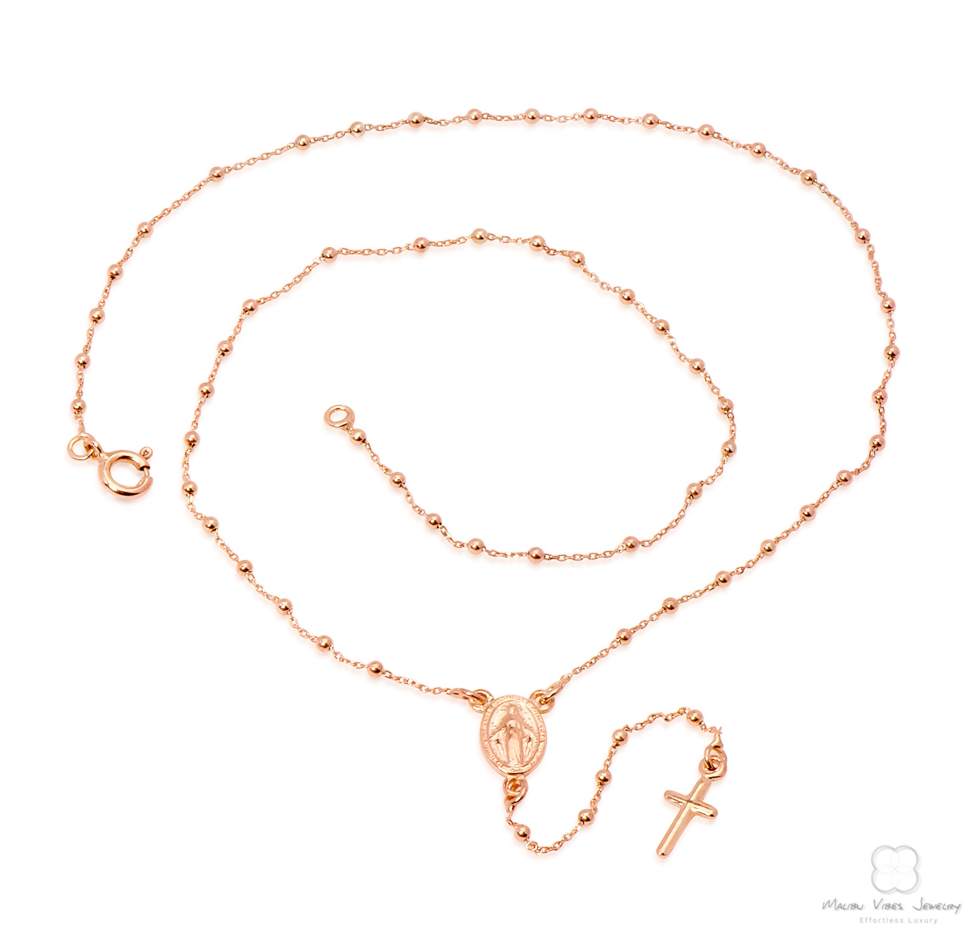 Rose Gold Catholic Rosary Lariat Necklace 925 Sterling Silver Etsy