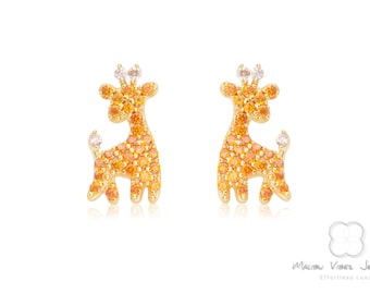 Giraffe Earrings, Cute Animal Orange Stud Earrings Sterling Silver Giraffe Gold Plated Jewelry Zoo Animal Gift