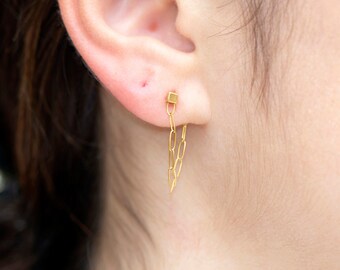 14k Gold Paperclip Chain Link Cube Stud Earrings