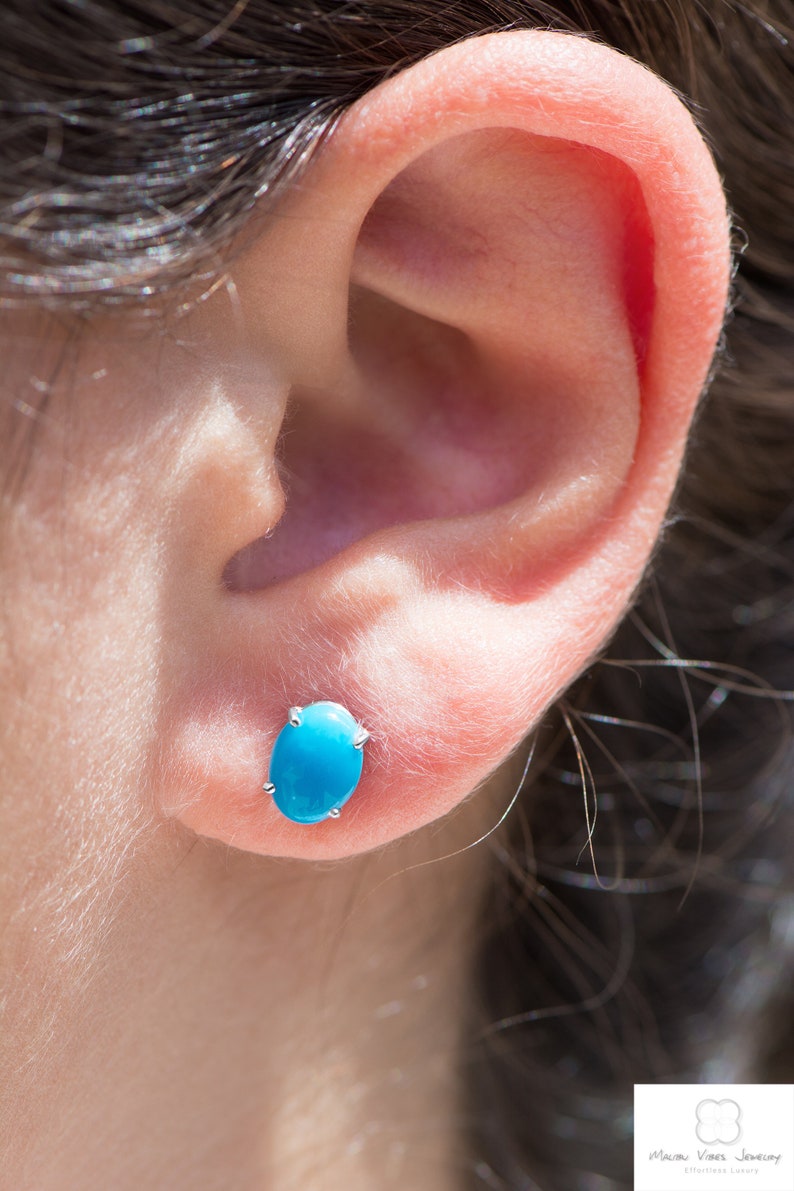 Turquoise Earrings Studs, Cabochon turquoise Jewelry 14k White gold 8x6 Oval Gemstone earrings image 1