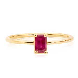 Ruby Solitaire Ring, 14k Gold Emerald Cut Ruby, Dainty Gemstone Promise Ring