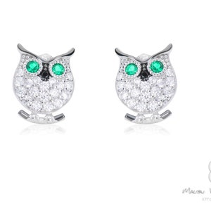Sterling Silver Owl Stud Earrings: Green CZ Eyes, Micro-Pave