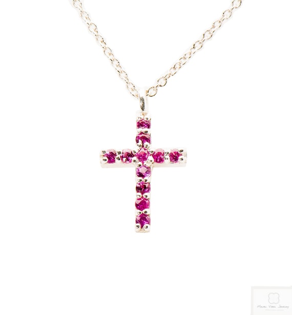 Pink Sapphire Cross Necklace Tiny 