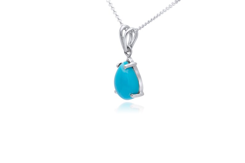 TURQUOISE Necklace, 14k White Gold Setting and Chain, Cabochon Pear Shaped Natural Turquoise Pendant image 2