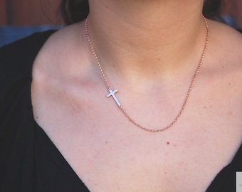 Rose Gold Sideways Cross Necklace: Sterling Silver Religious Jewelry