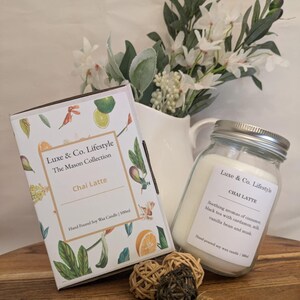 CHAI LATTE / 250 ml, 500 ml, 1 l / 100 % cera de soja / Vela hecha a mano / Frasco reutilizable / Mecha de madera / Hecho en Australia / Frasco de vidrio