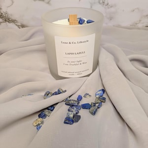 LAPIS LAZULI Crystal Infused Intention Candle -Truthful & Wise | Hand Poured Candle | Soy Wax Candle | Crystal Candle | Frosted Glass Candle