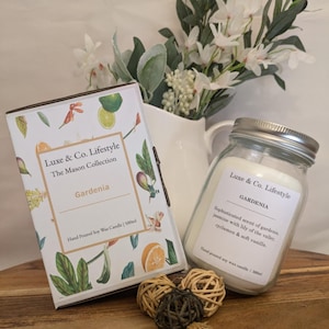 GARDENIA | 250ml, 500ml, 1ltr | 100% Soy Wax | Hand-poured Candle | Re-usable Jar | Wood Wick | Made In Australia | Mason Jar