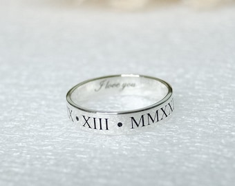 4mm custom ROMAN NUMERAL RING class ring, i love you rings for her promise rings for couple, personalized sterling silver rings ancient date