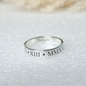 4mm custom ROMAN NUMERAL RING class ring, i love you rings for her promise rings for couple, personalized sterling silver rings ancient date