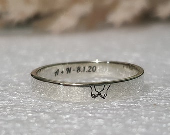 Silver Ring CUSTOM PINKY PROMISE Symbol Engraved on Outside Ring Double Name Engraving Inside Ring with Date Anniversary Band Wife Husband