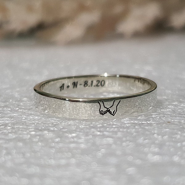 Silver Ring CUSTOM PINKY PROMISE Symbol Engraved on Outside Ring Double Name Engraving Inside Ring with Date Anniversary Band Wife Husband