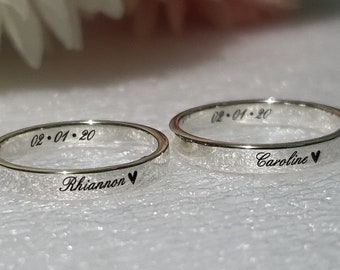 3mm cutom dainty ENGRAVED NAME RING personalized date stamped two double names stackable pinky promise ring for couple anniversary gift