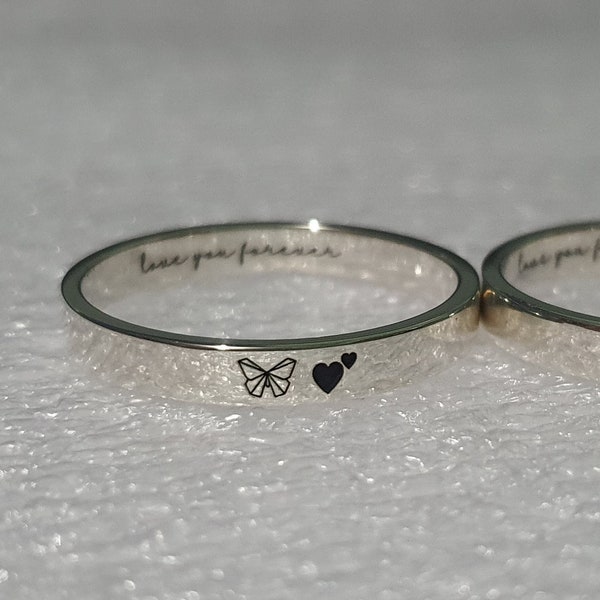3mm Sterling Silver Ring LOVE YOU FOREVER Engraved Ring Band Butterfly, Couple Promise Ring for Her Him, Lovely Ring Wedding Band Men Women
