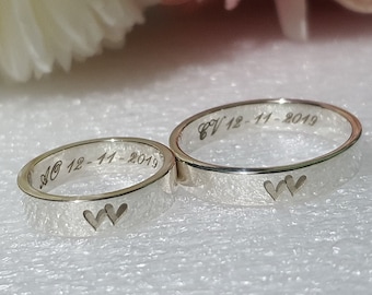 custom PROMISE RINGS for COUPLES personalized engrave silver band heart symbol and date initial for anniversary ring gift for girlfriend men