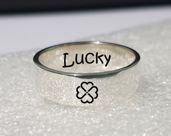 6mm Custom Engraved Ring 4 LEAF CLOVER RING, Lucky Ring for women and men, Thumb ring for her Extra wide thick ring, Promise ring for couple