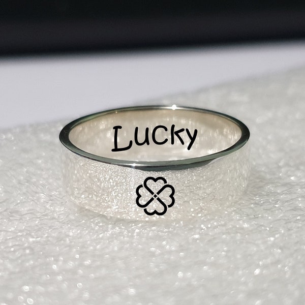 6mm Custom Engraved Ring 4 LEAF CLOVER RING, Lucky Ring for women and men, Thumb ring for her Extra wide thick ring, Promise ring for couple