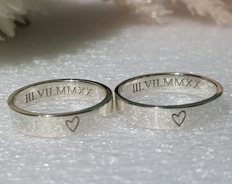 4mm Sterling Silver HEART ENGRAVED RING for Couple, His and Her Promise ring engravable, Love Relationship Matching Ring, Roman Numeral Ring