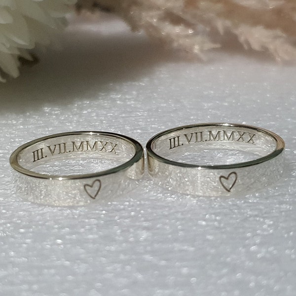 4mm Sterling Silber HERZ GRAVIERT RING für Paar, His and Her Promise Ring engravable, Love Relationship Matching Ring, Römische Ziffern Ring