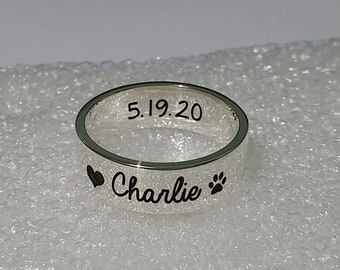 6mm RING with DOG NAME Custom Engraved, Personalized Paw Print Ring, Cat Pet Lover Gift, Solid Sterling Silver Band, Pet Memorial Jewelry