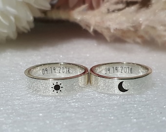 4mm SUN and MOON Ring custom engraved, Sterling Silver Matching Promise ring for couple, Ring for women and men, Friendship Best Friend Ring