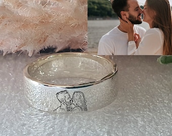 6mm ENGRAVED WEDDING BANDS, Customized Mens Wedding Ring engraving idea, Actual Photo Portrait Engraved, Wedding Ring for Women plus size