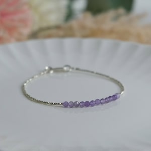 Amethyst TINY BEADED BRACELET with Hill Tribe Silver Beaded, Minimal Small Dainty Lavender Amethyst Handmade Bracelet for healing and lucky