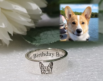 6mm ACTUAL PHOTO ENGRAVED Ring, Personalized Ring with Picture, Pet Image Engraved Sterling Silver Custom Pet Portrait Couple Promise Band
